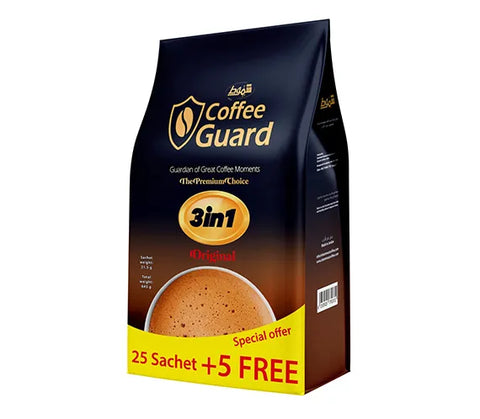 CoffeeShammout Coffee Guard 3-in-1 instant coffee mix with rich blend in a 30-count package, featuring a creamy coffee cup and sachets.