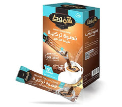 Shammout Instant Turkish Coffee sticks, 20-pack, authentic gourmet brew with rich coffee aroma and traditional packaging.