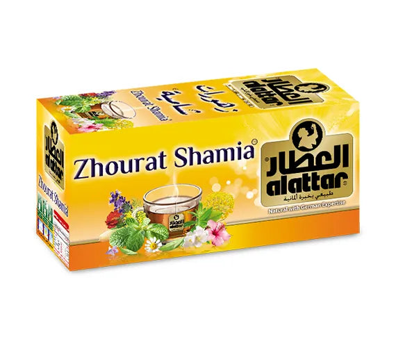 Al Attar Zhourat Shamia herbal relaxation tea in a box of 20 tea bags, featuring natural herbal ingredients for calming wellness.
