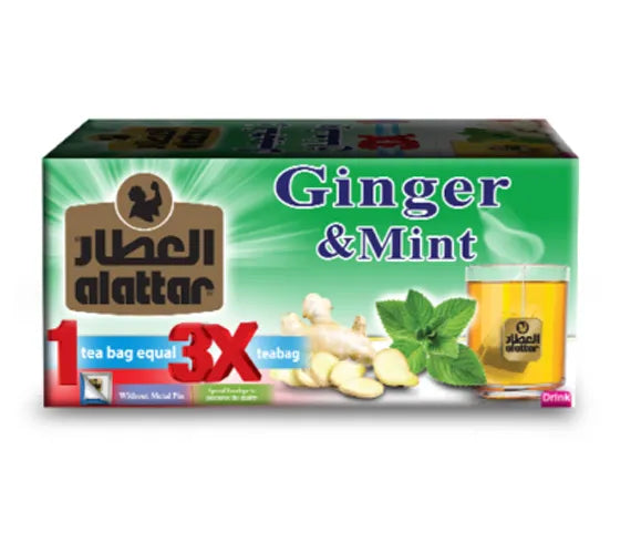 AlAttar Ginger & Mint Tea 3X concentrated herbal digestive brew in a box, featuring fresh ginger and mint ingredients.