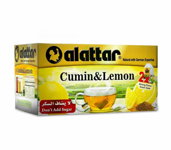 AlAttar Cumin & Lemon Herbal Tea box with 20 tea bags, featuring fresh lemon slices and cumin seeds on the packaging.