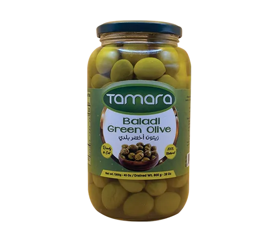Tamara Baladi green olives in a 45oz jar, natural Mediterranean snack, showcasing fresh green olives in clear jar