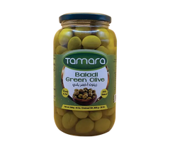 Tamara Baladi green olives in a 45oz jar, natural Mediterranean snack, showcasing fresh green olives in clear jar