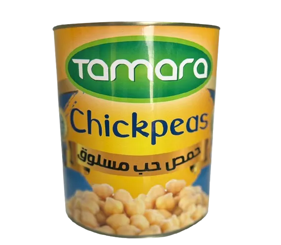 Canned Tamara boiled chickpeas in a 6.6lb can, ready for hummus or cooking, showcasing the legumes with label visible.