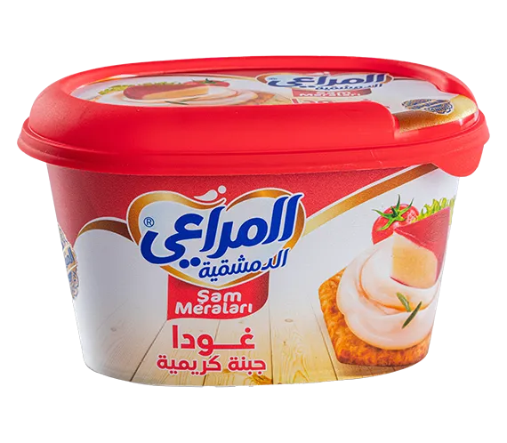 Almarai Dimashqiya Gouda Cream Cheese Spread in a gourmet breakfast tub, creamy cheese spread with gouda flavor for breakfast or snacks.