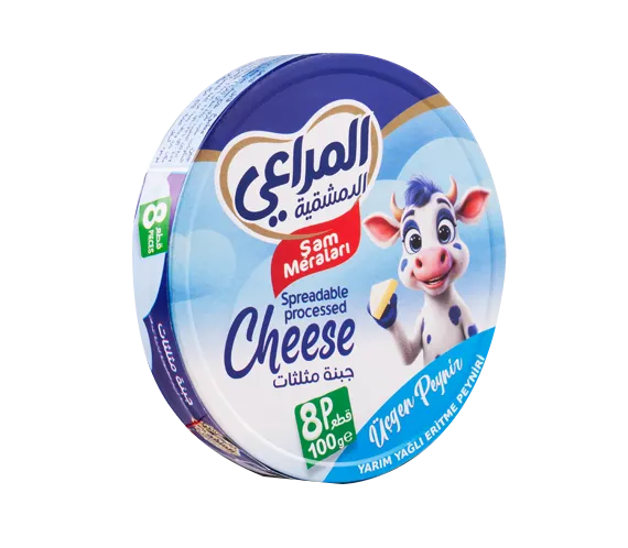 Almarai Sam Meralari spreadable processed cheese 100g snack wedges, eight pieces, creamy cheese with a smooth texture.