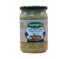 Tamara Fire Roasted Eggplant Pulp 650g jar showing the smoked, ready-to-eat eggplant puree with a dark, roasted appearance.