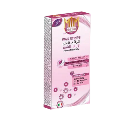 MIM Hair Removal Wax Strips Ultimate Kit for Sensitive Skin, 28-count, for face and body, with natural wax strips and applicator sticks.
