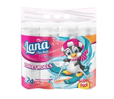 Lana 3-Ply Toilet Paper 24-count compressed soft rolls, showing neatly stacked rolls with soft, white paper texture.