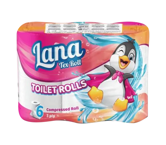 Lana Tex Roll toilet paper 6-pack, 3-ply compressed for home use, showing soft, white toilet paper rolls stacked together.