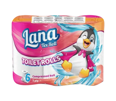 Lana Tex Roll toilet paper 6-pack, 3-ply compressed for home use, showing soft, white toilet paper rolls stacked together.