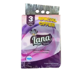 Lana Ultra Soft 3-Ply Tissues in three large packs, showing soft, white facial tissues in an economic bundle.