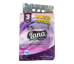 Lana Ultra Soft 3-Ply Tissues in three large packs, showing soft, white facial tissues in an economic bundle.