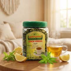 Bsateen Al Sharq Lemon Verbena dried leaves herbal infusion in 1.76oz package, showcasing fresh, vibrant lemon verbena leaves.