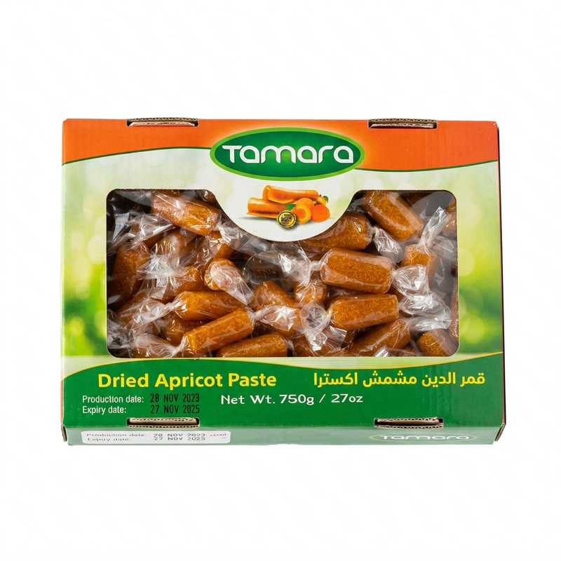 Tamara dried apricot paste rolls in a 750g pack, individually wrapped apricot snack with bright orange color and soft texture.