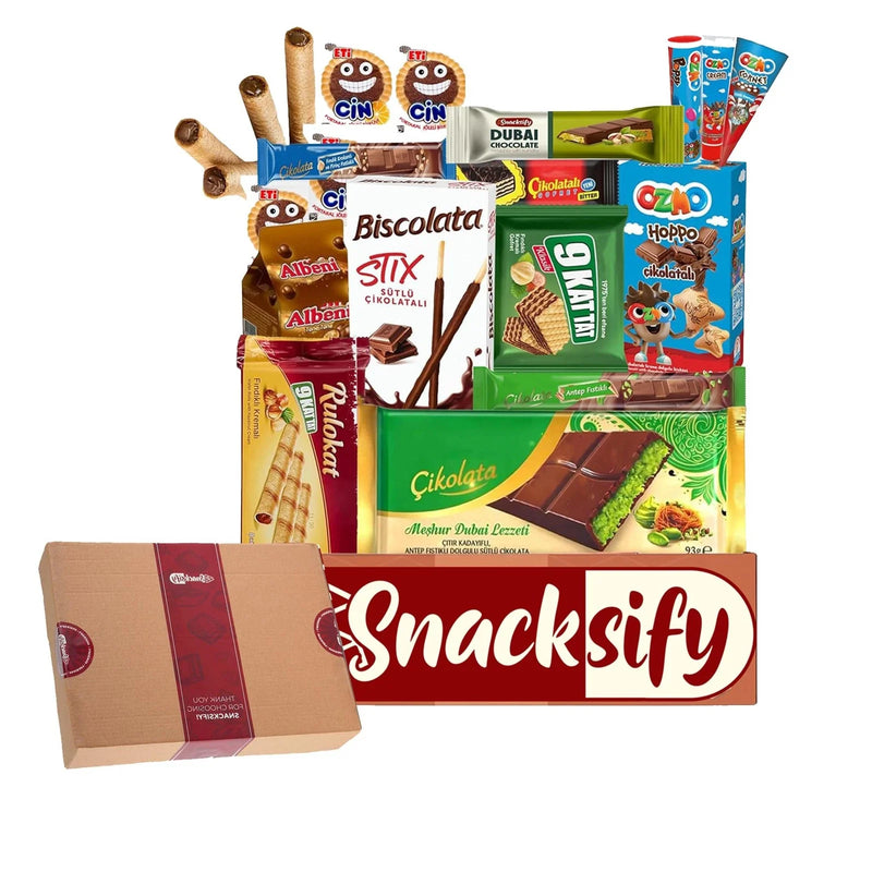 (21count) Gift Snack Box – Dubai Chocolate 93g & 27g + 19 Assorted Chocolates – International Turkish Chocolate Gift Box
