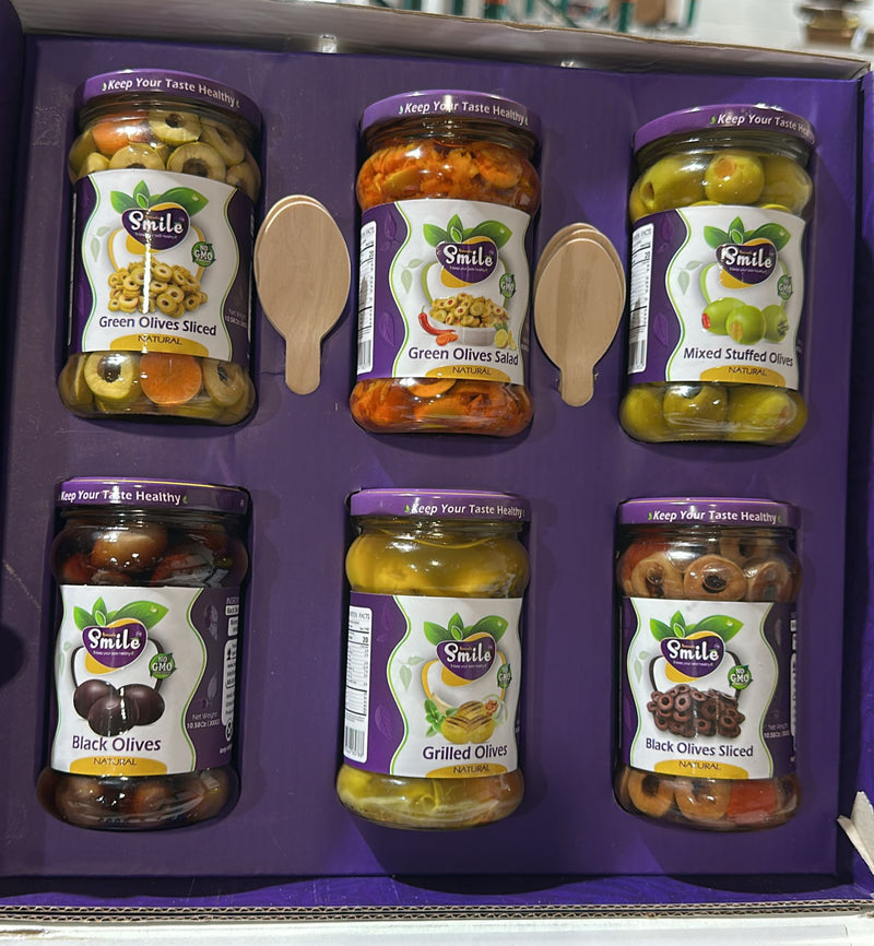 Smile Gourmet Olive Gift Box β 6 Varieties of Natural Olives (Green, Black, Stuffed, Grilled & Salad) β Non-GMO, 6 Γ 300g - SANI-LLC