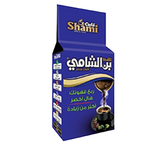 Shami Cafe Turkish Coffee 200g with extra green cardamom, showing a blue coffee package with coffee beans and cardamom pods.