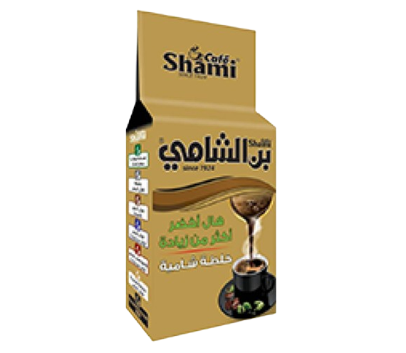 Shami Cafe Café Shami Turkish Coffee with green cardamom, featuring golden packaging and a traditional coffee blend.