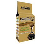 Shami Cafe CafƩ Shami Turkish Coffee with green cardamom, featuring golden packaging and a traditional coffee blend.