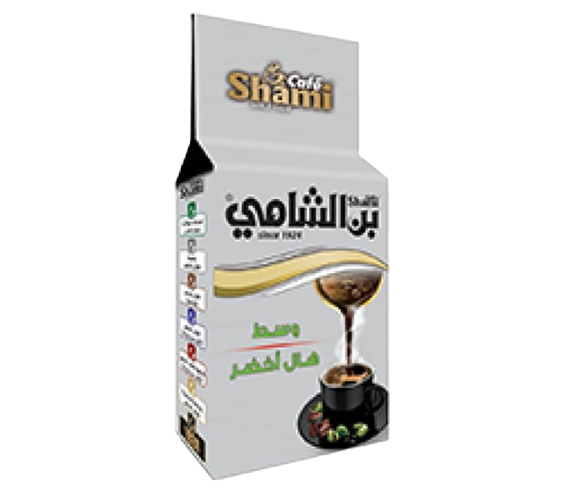 Silver can of Shami Cafe Turkish coffee with medium roast and green cardamom, 200g, showcasing the product packaging.