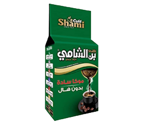 Shami Cafe CafΓ© Shami Mocha Plain Ground Coffee in green packaging, suitable for Turkish brew, without cardamom.