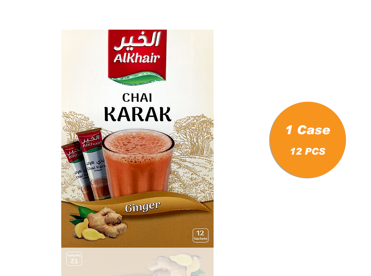 A photo declares to order a case of Alkhair Instant karak with ginger