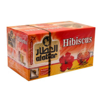 AlAttar Hibiscus Tea 20 bags for hot or cold brew, featuring vibrant dried hibiscus flowers in a clear bag.