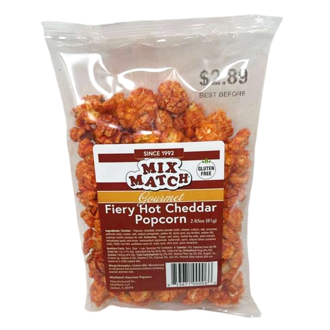 Mix Match Gourmet Fiery Hot Cheddar Popcorn, Spicy Cheesy Gluten-Free Snack, 2.85oz Bag