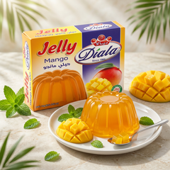 Diala Mango Jelly dessert mix in 80g package, showing vibrant mango-flavored jelly ready to be prepared for quick treats.
