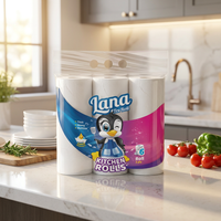 Lana kitchen paper towel roll with 3-ply, super absorbent paper towels for household cleaning and drying, displayed in a kitchen setting.