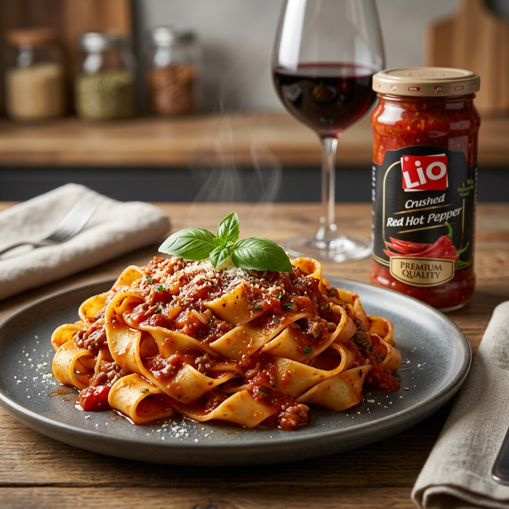 LIO Crushed Red Hot Pepper spice in a jar, premium spicy condiment for cooking and adding heat to dishes.