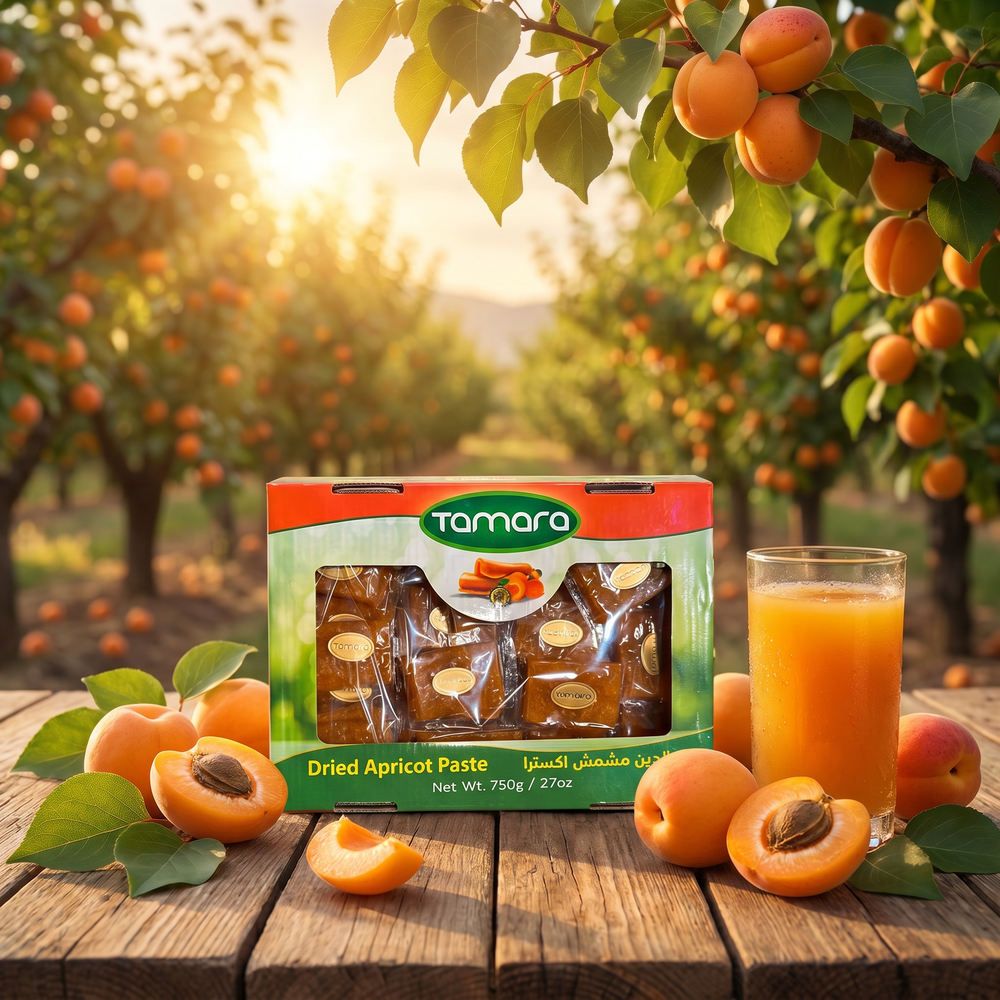 Tamara dried apricot paste in a 750g jar, showcasing the rich, smooth texture of Qamar al-Din extra for healthy snacks.