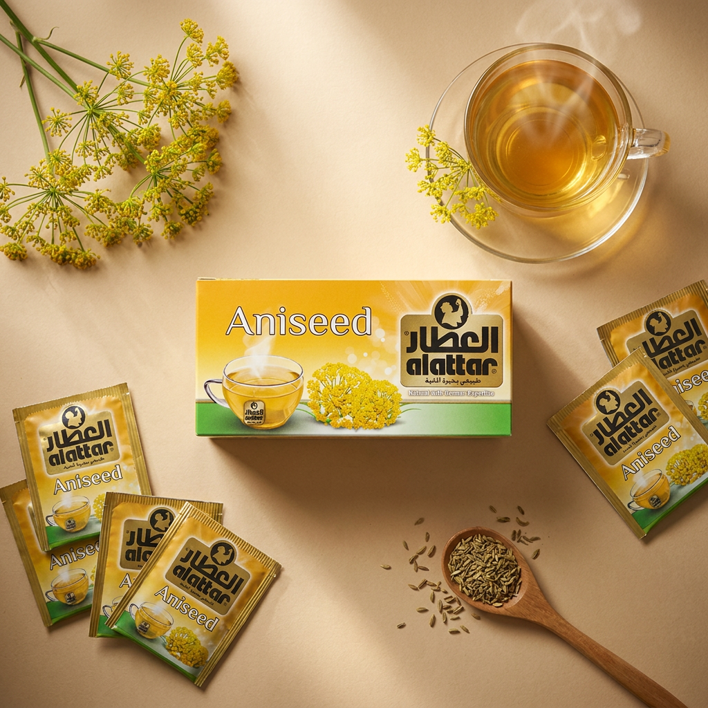 AlAttar Alattar Aniseed Herbal Tea in a glass cup, showcasing a brewed, aromatic herbal tea with fresh aniseed herbs.