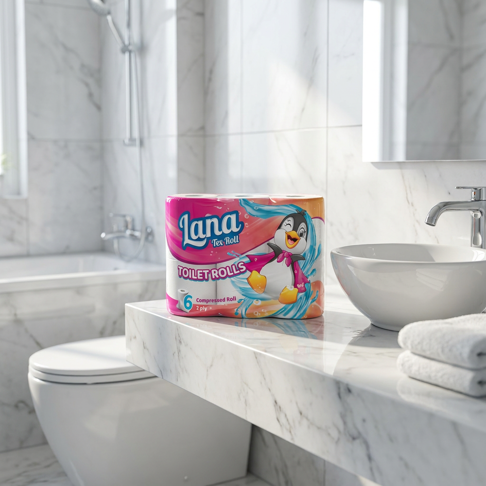 Lana Tex Roll toilet paper 6-pack with 3-ply compressed rolls for home use, showing soft, white, and neatly stacked toilet paper.