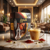 Shammout Café Instant Arabic Coffee 10-pack with cardamom and saffron flavor, featuring colorful coffee packets on a white background.