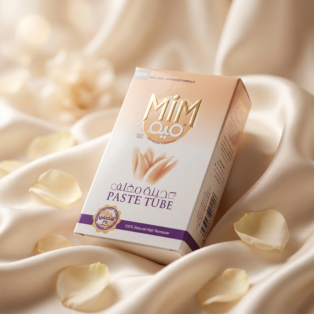 MIM Hair Removal Paste 90g tube with natural formula for smooth skin, shown in a close-up view of the product tube.
