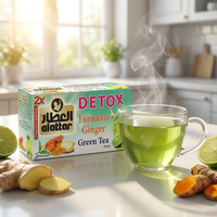AlAttar Detox Turmeric Ginger Green Tea in 20 tea bags, featuring bright yellow turmeric, fresh ginger slices, and green tea leaves.