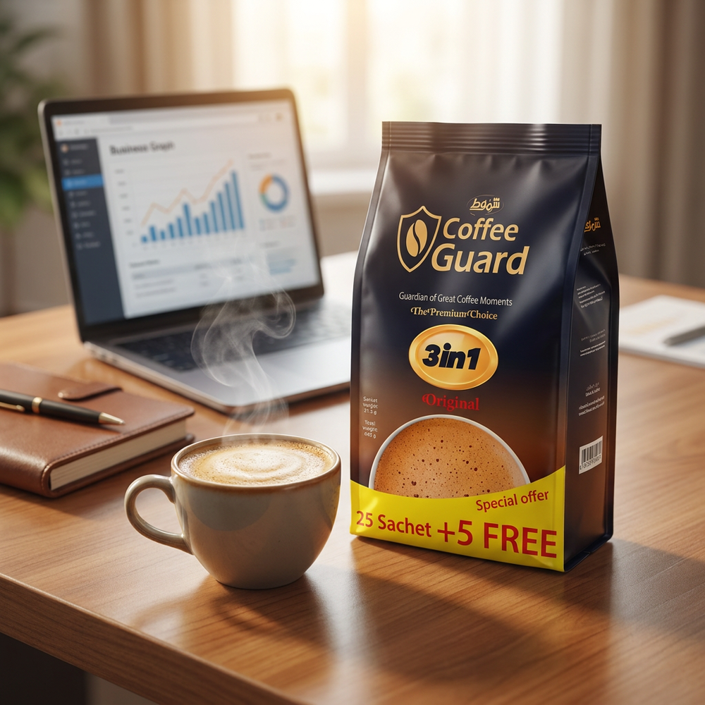 Coffee:Shammout Coffee Guard 3in1 instant coffee mix 30 count package with rich blend flavor and original branding.