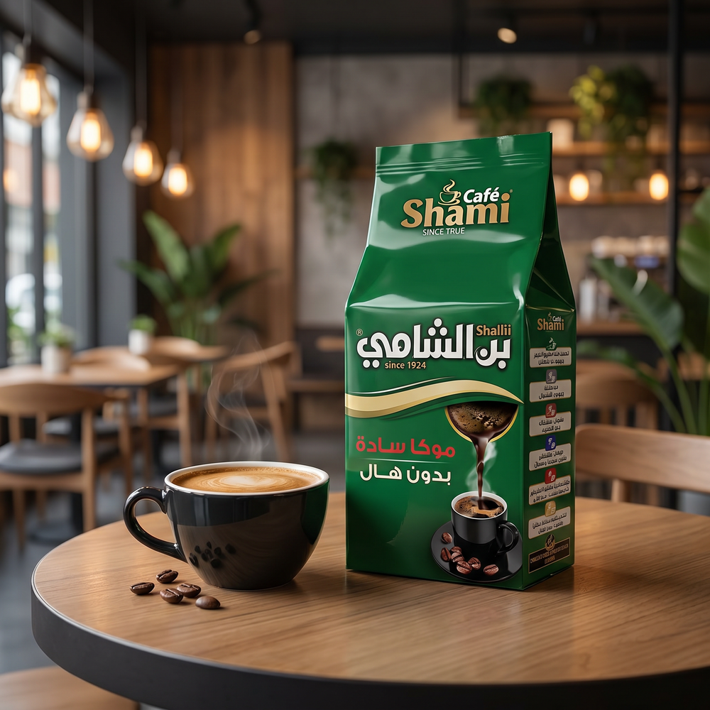 Shami Cafe Café Shami Mocha plain ground coffee for Turkish brew, showing a bag of no cardamom mocha coffee from Shami Cafe.