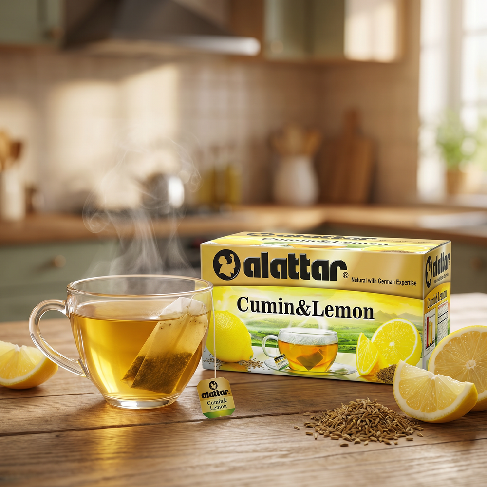 AlAttar Cumin & Lemon Herbal Tea box with 20 bags, showcasing the natural, sugar-free herbal tea packaging and branding.