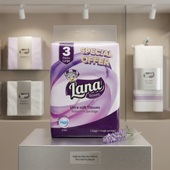 Lana Ultra Soft 3-Ply Tissues in three large packs, showing soft, white tissues in a convenient bundle for household use.