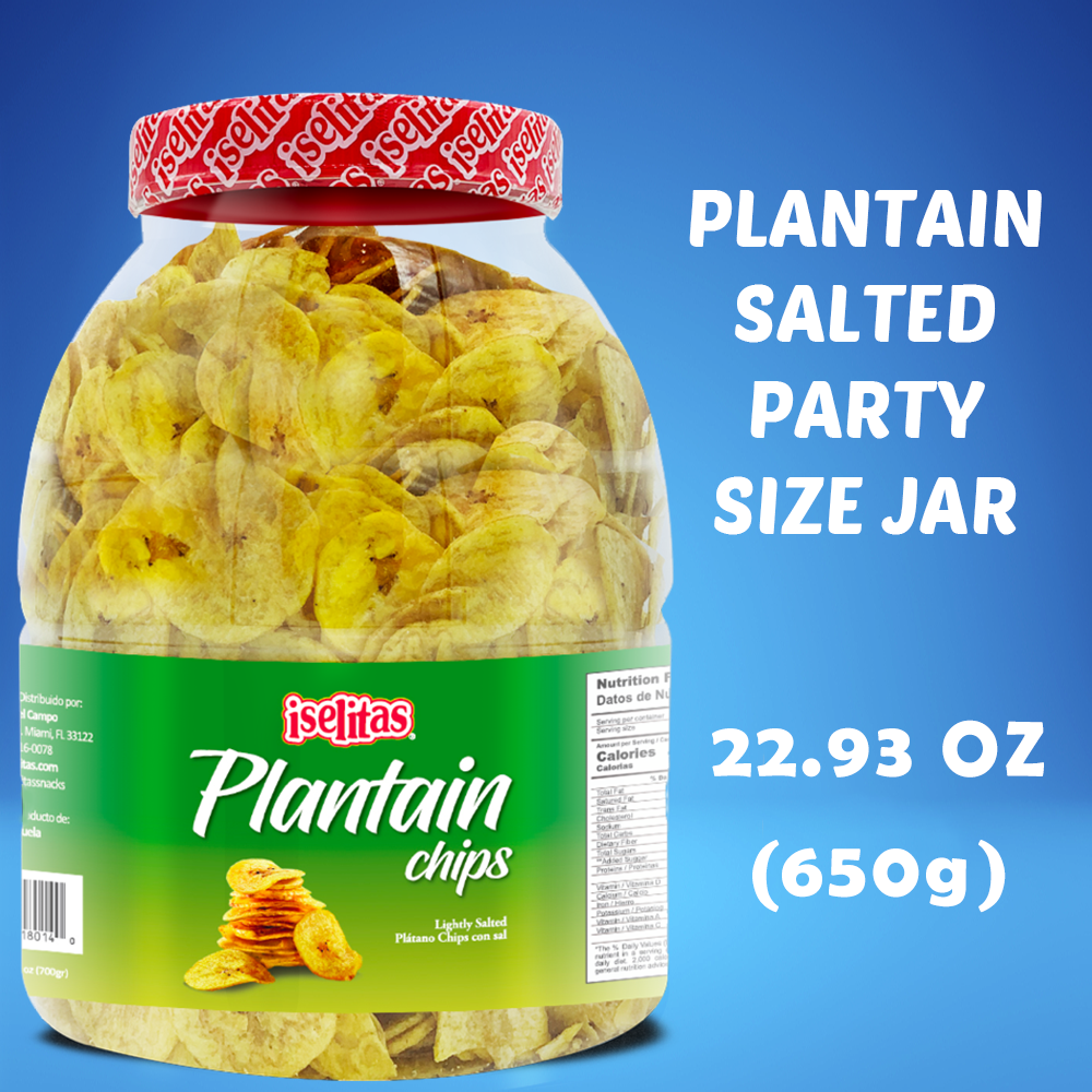 Iselitas | Plantain Salted Party Size Jar| Thin & Crispy | Light Salted Plantain Chips 22.93OZ (650g)