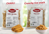 Snacks Chennai Caters: Kara Sev: Crunchy rice snack / Masala Peanuts: Peanuts covered with spices / Madras Mixture: Spicy treats and Chatpata Namkeen / Mullu Murukku (CHAKLI) | Each bag (200g)