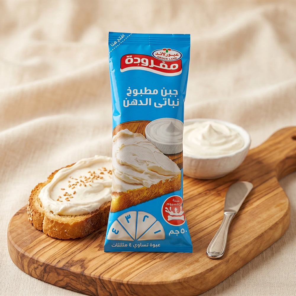 Obour Land Mafrouda cheese spread in squeeze pouch, 50g, ideal for sandwiches, with creamy texture and authentic flavor.