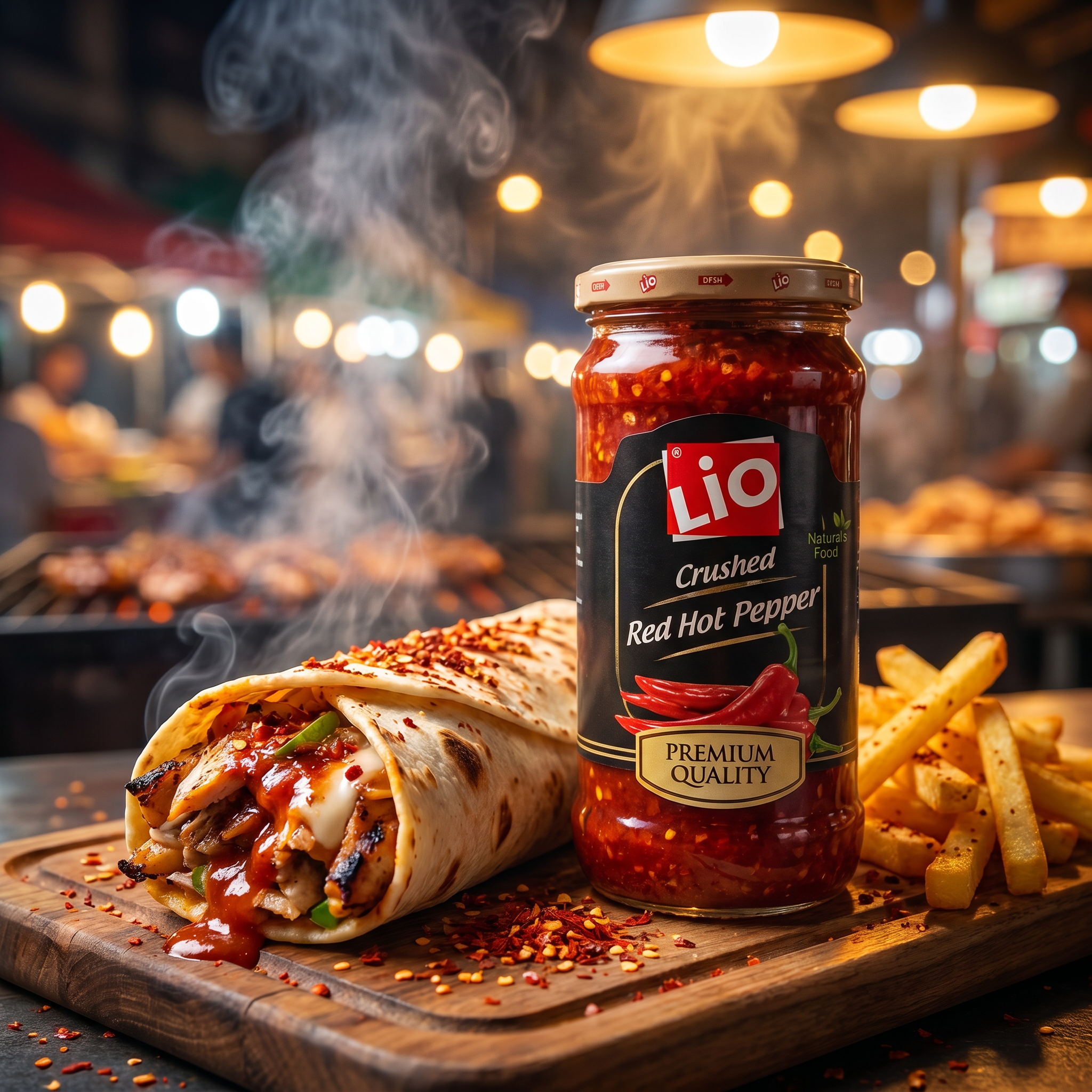LIO crushed red hot pepper condiment in a jar, showcasing vibrant red crushed chili peppers for spicy cooking and seasoning.