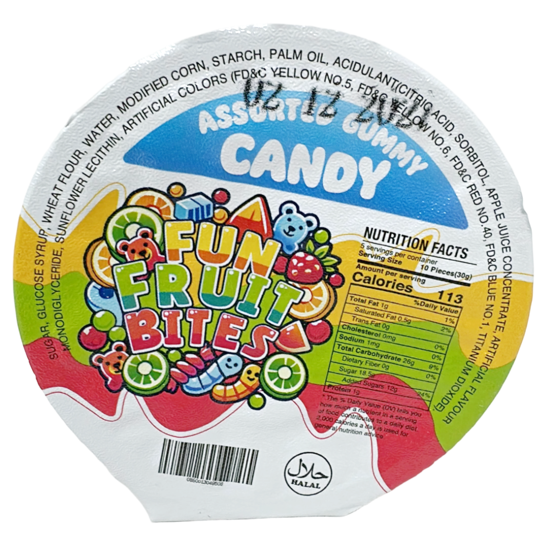 Fun Fruit Bites Assorted Gummy Candy Cup - Chewy Crocodile & Fruit Shaped Treats, Halal Certified