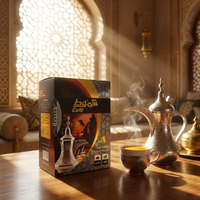Shammout Café instant Arabic coffee cardamom and saffron flavor sachets, showing the 10-count packaging with coffee mix and spice ingredients.