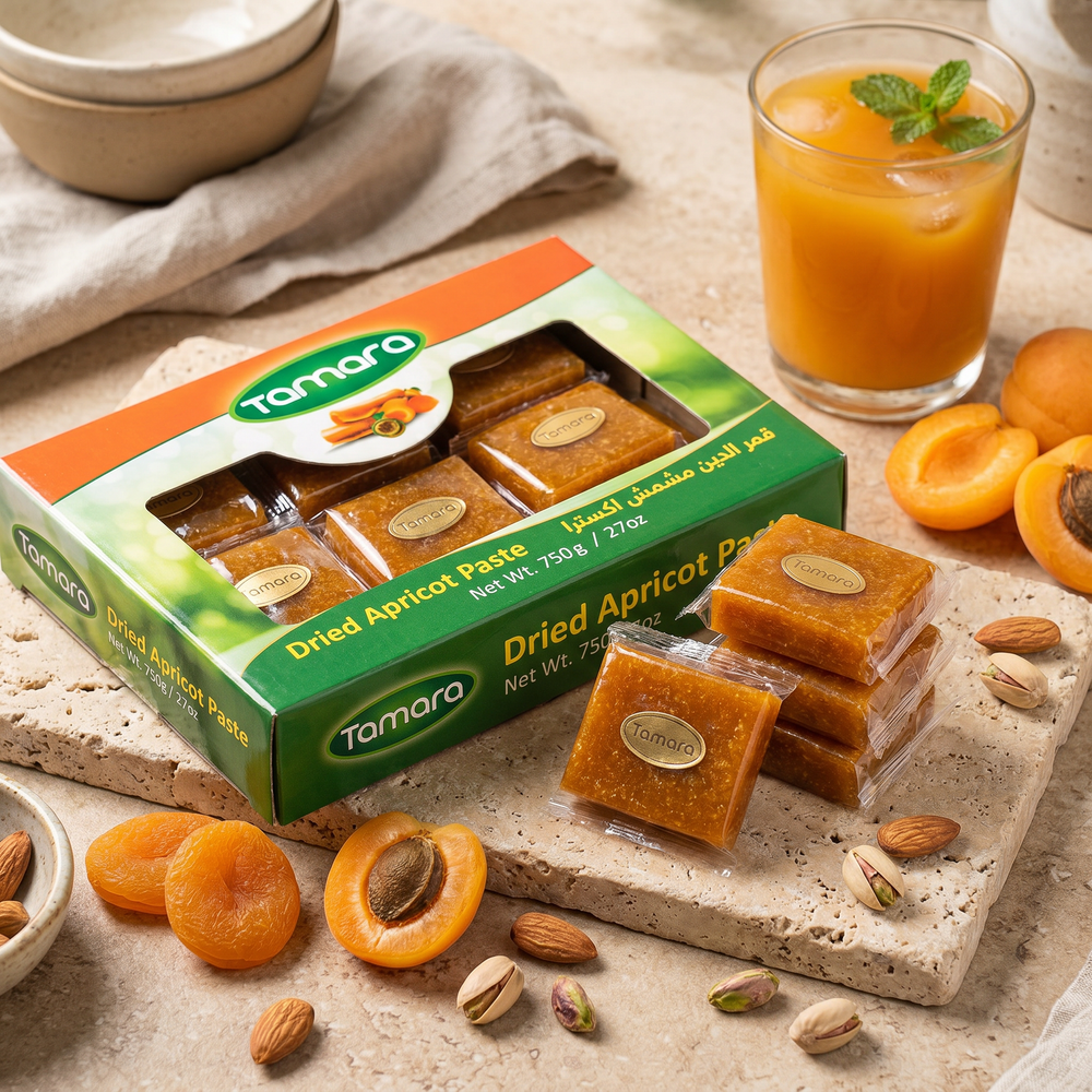 Tamara Dried Apricot Paste 750g, Qamar al-Din Extra, showing a jar of rich apricot paste ideal for healthy snacks