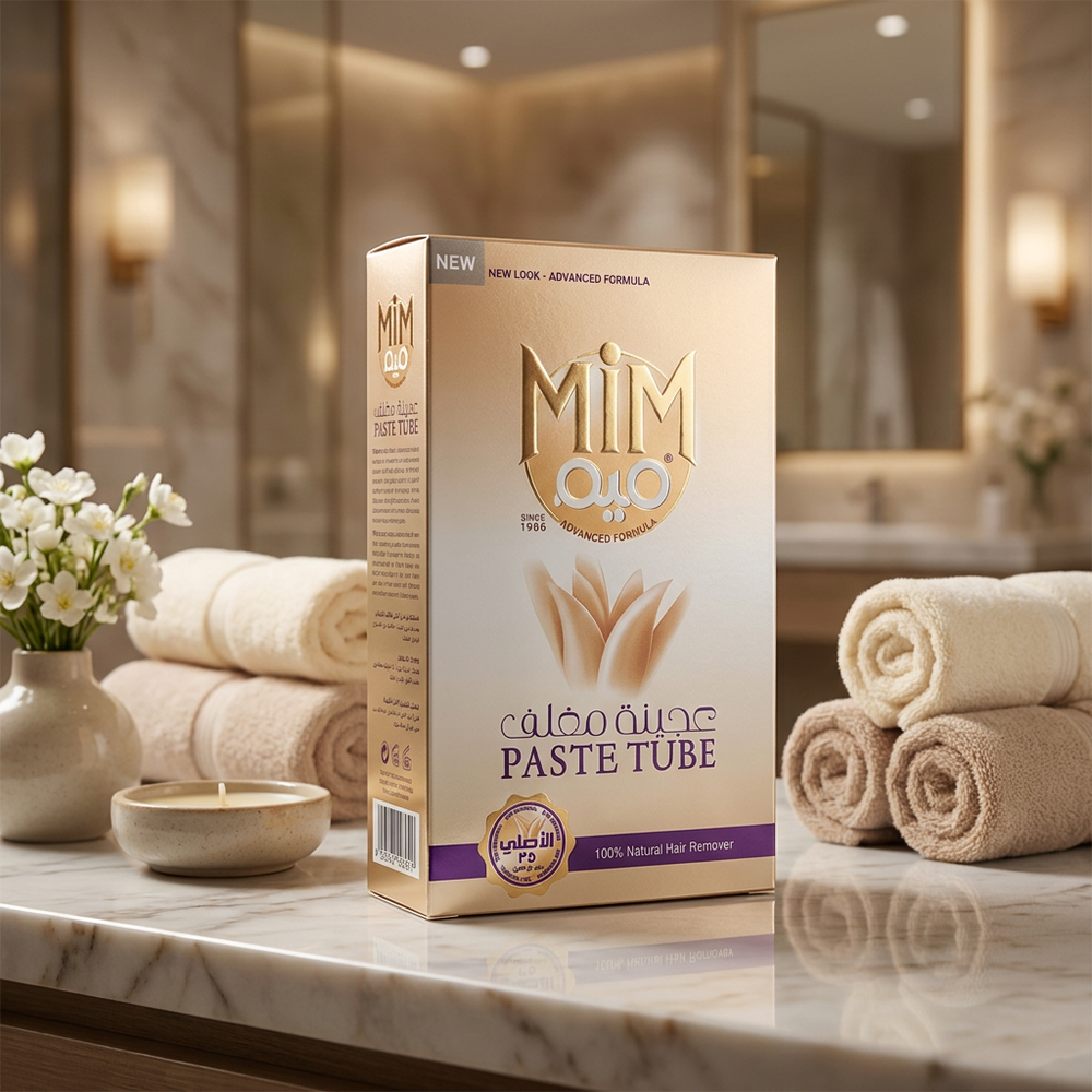 MIM Hair Removal Paste 90g tube with natural formula for smooth skin, showing the white paste inside the tube.